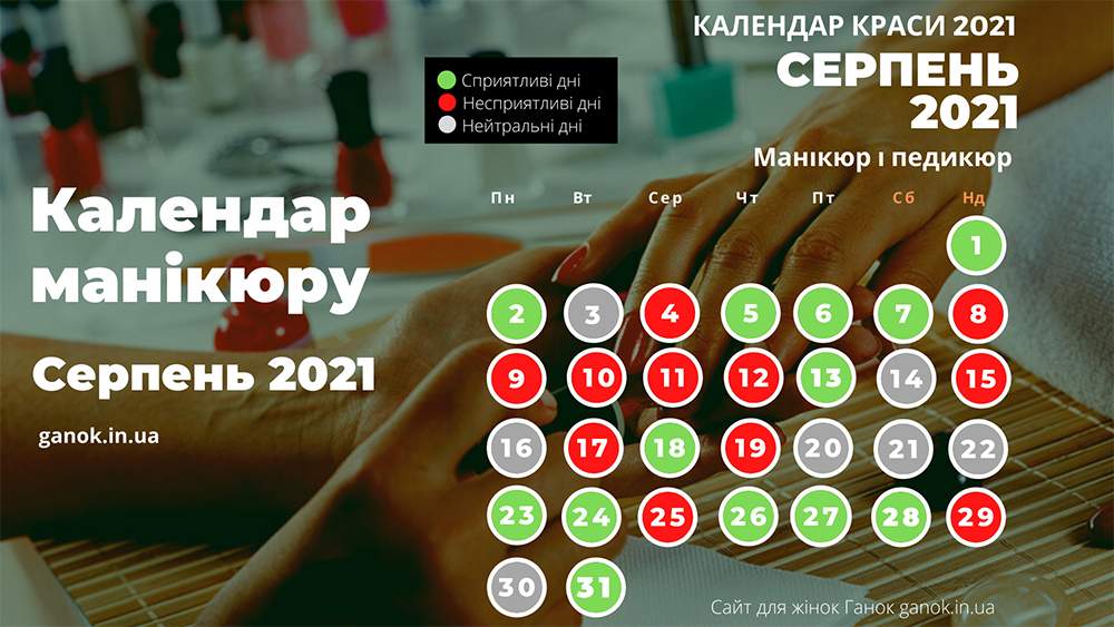 Місячний календар манікюру серпень 2021